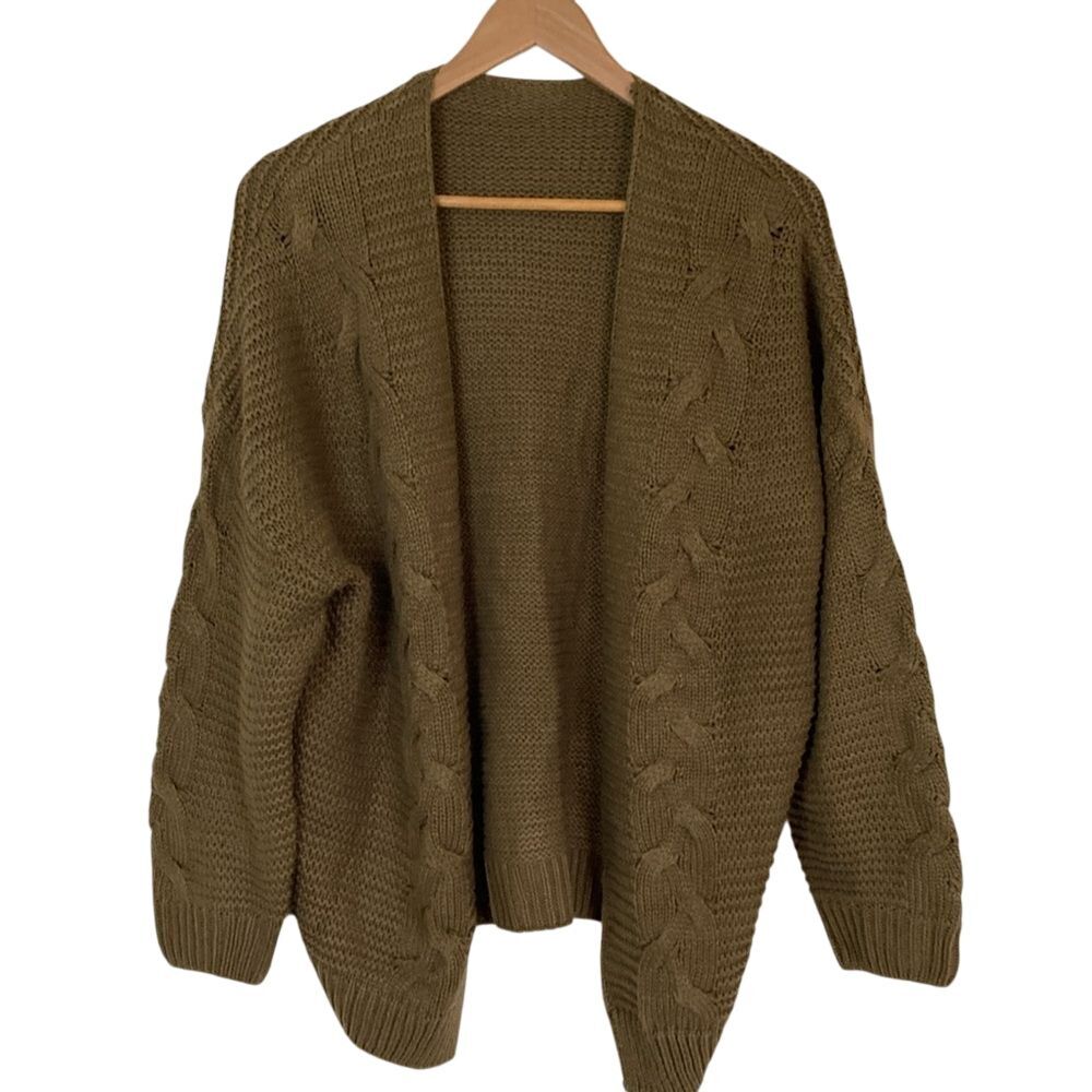 Womens Olive Green Open Front Chunky‎ Cable Cardigan Sweater Size L Slouchy
